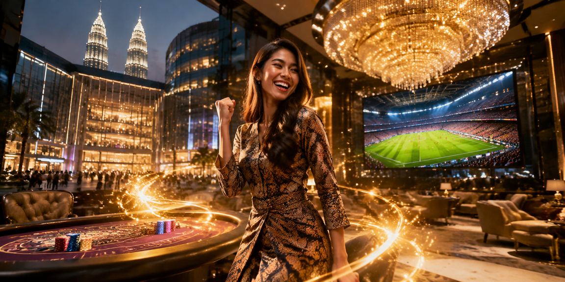 Suasana pertaruhan kasino bertemakan batik Kuala Lumpur dengan peniaga langsung di meja